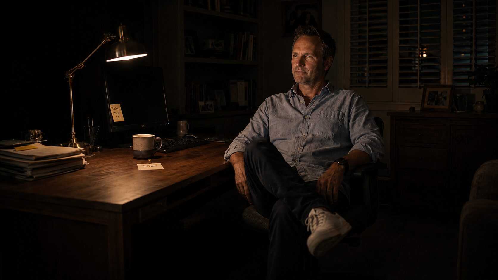 Jon Finerty, founder of Dad-Scaped, on the porch in warm evening light.